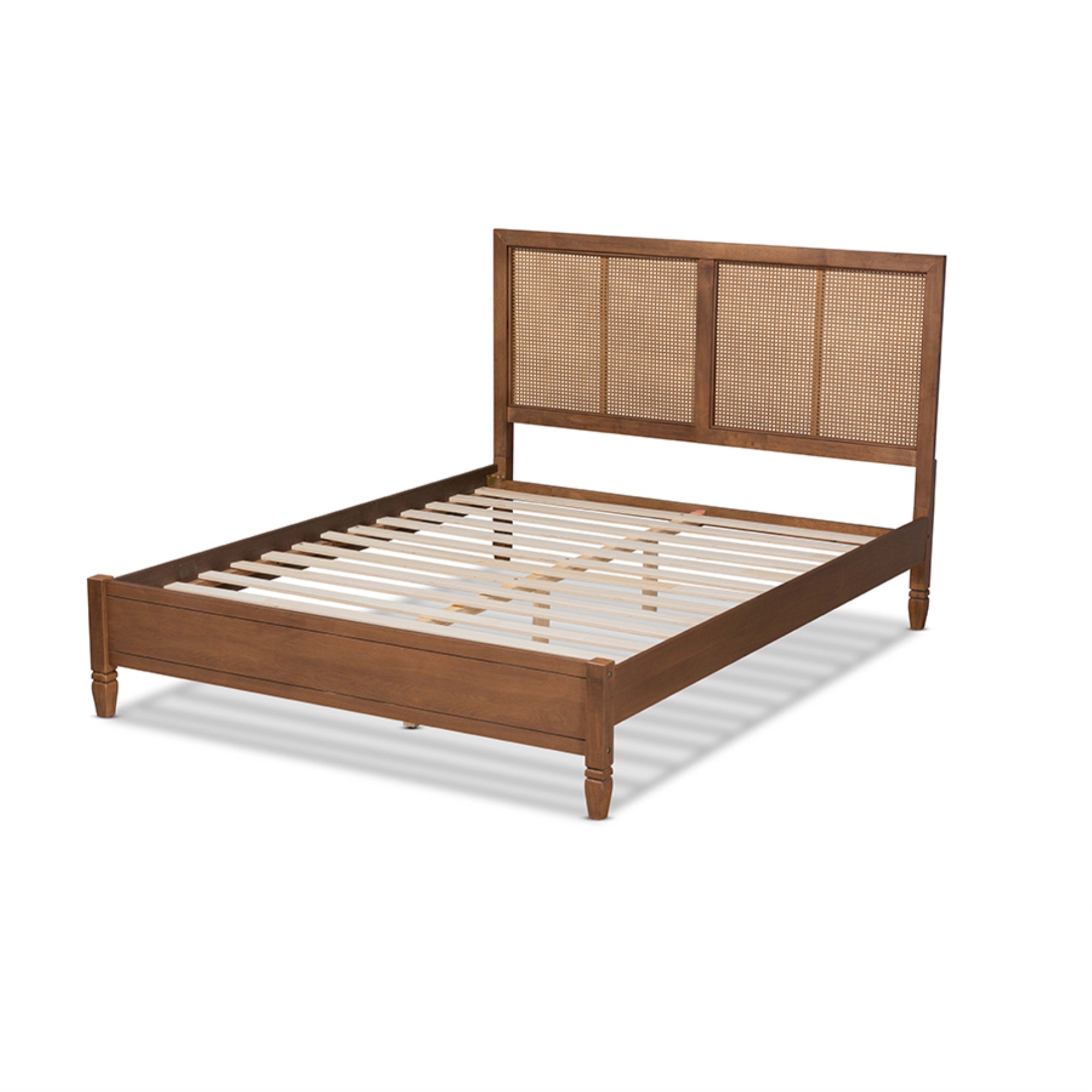 Baxton Studio Redmond Mid-Century Modern Walnut Brown Finished Wood And Synthetic Rattan Queen Size Platform Bed
