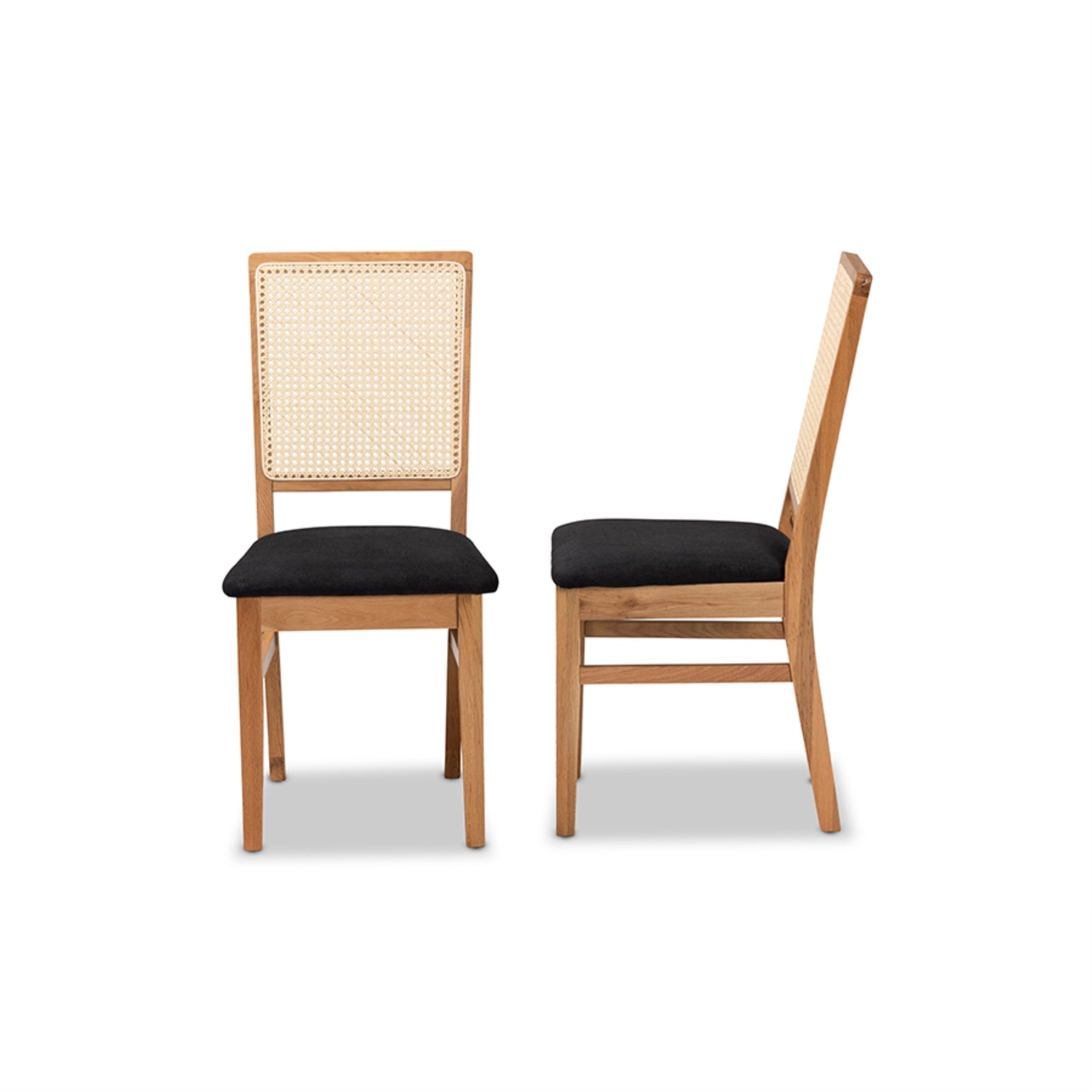 Baxton Studio Idris Mid-Century Modern Black Fabric Upholstered And Oak Brown Finished 2-Piece Rattan Dining Chair Set
