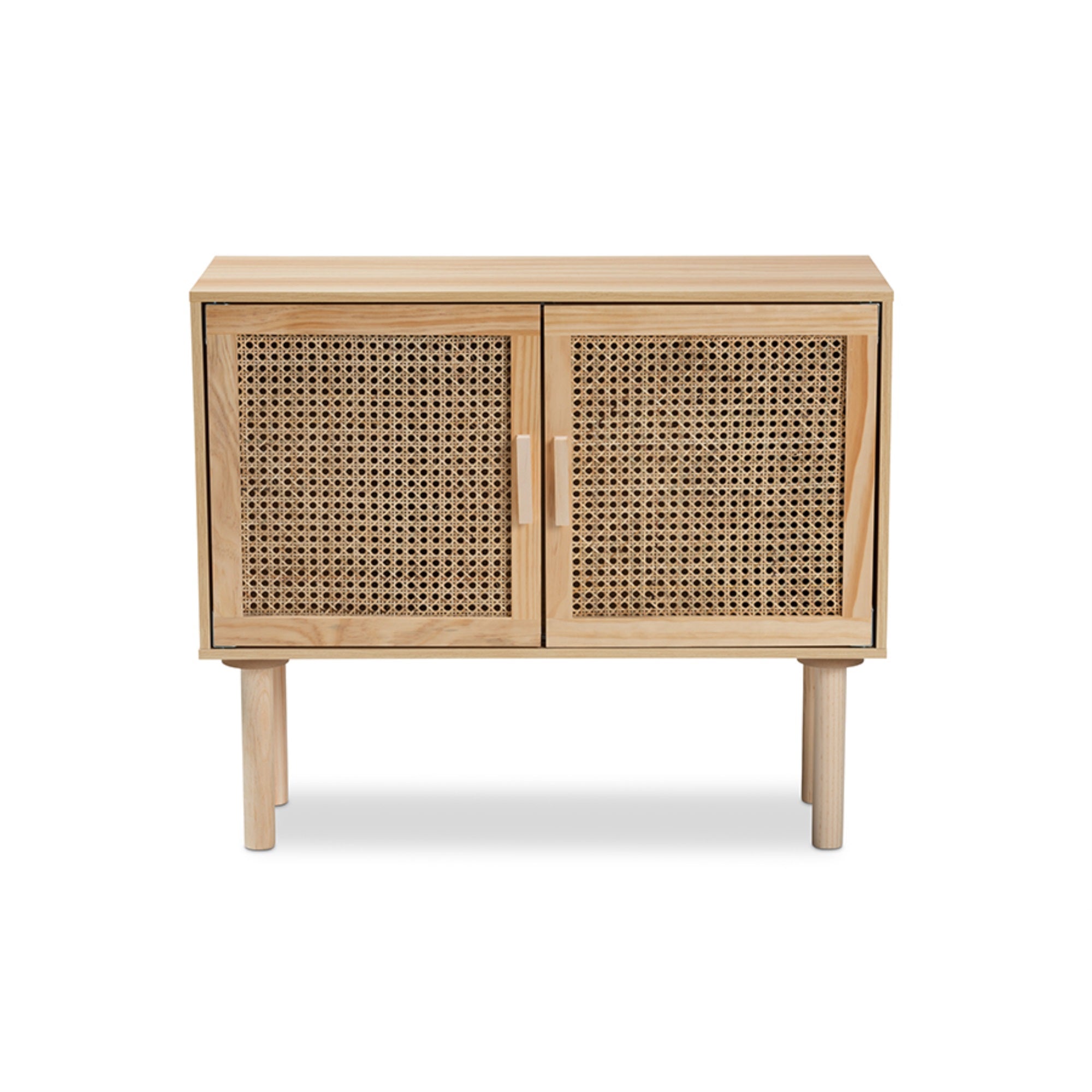 Baxton Studio Maclean Mid-Century Modern Rattan And Natural Brown Finished Wood 2-Door Sideboard Buffet