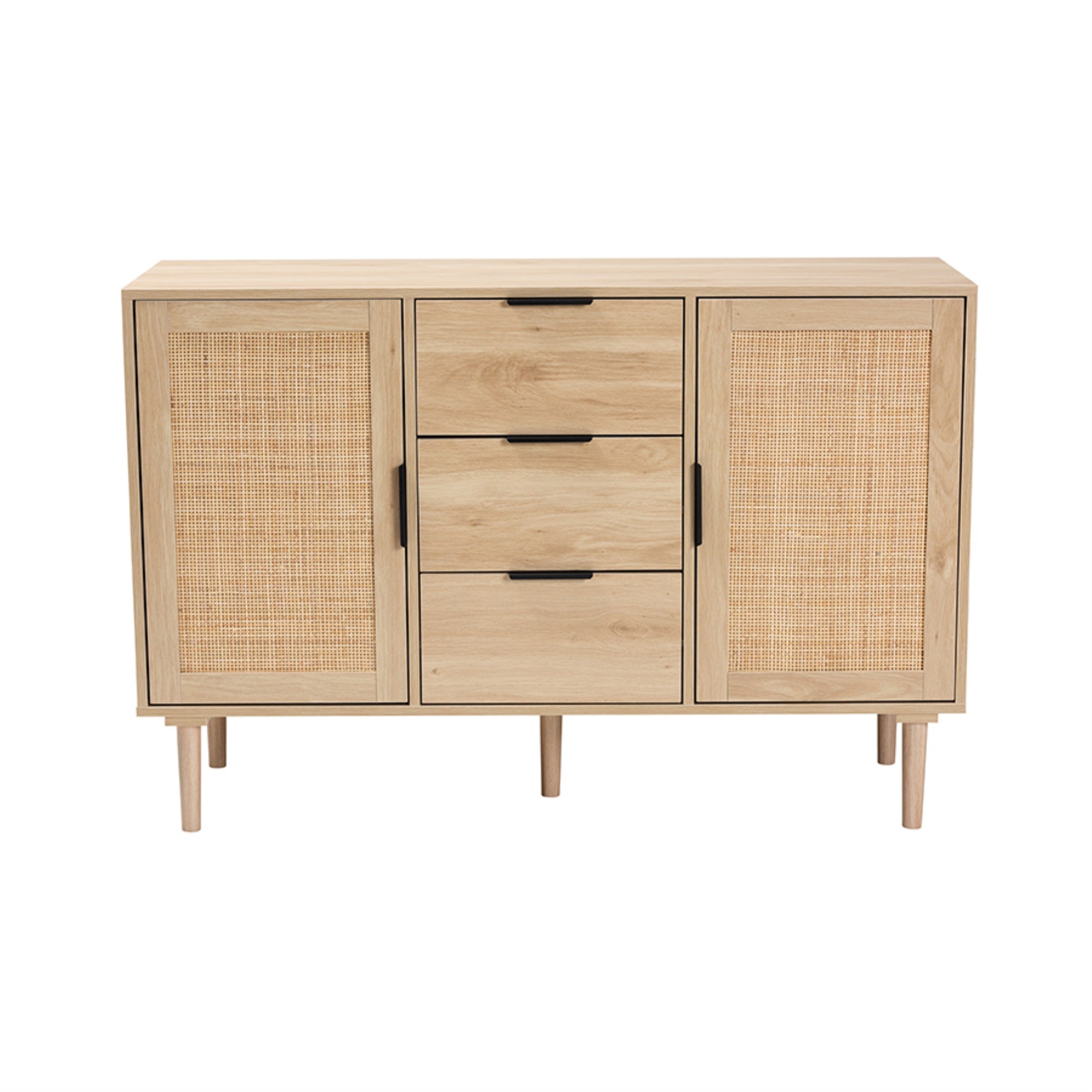 Baxton Studio Harrison Mid-Century Modern Natural Brown Finished Wood And Natural Rattan 3-Drawer Sideboard