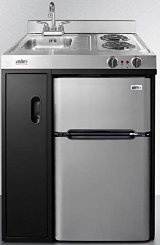 Summit Appliance C30Elbk 30 Wide All-In-One Kitchenette In Black With A 2-Burner 115V Coil Cooktop, 2-Door Refrigerator-Freezer,