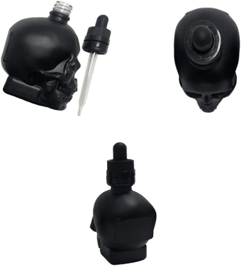 Sunday 7 4 Pack Skull Head Glass Bottle Dispensing Dropper with Child-Proof Cap Refillable for DIY Liquids | Juice | Perfume | Essential Oil Etc.(1OZ/30ml) (Black)