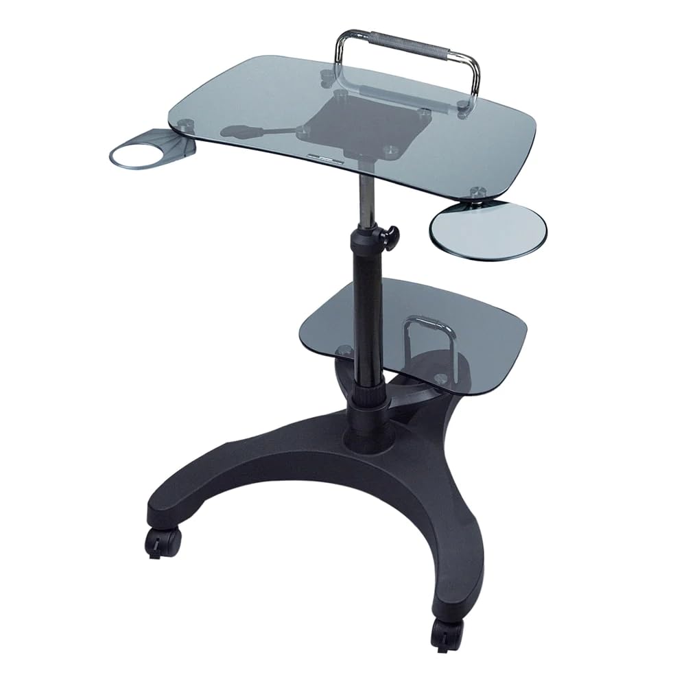 Aidata Lpd011G Sit/Stand Mobile Laptop Workstation With Smoked Tempered Safety Glass And Printer Shelf
