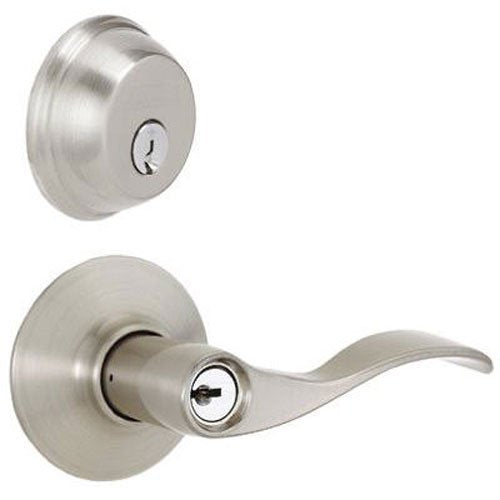 Schlage Fb50N V Acc 619 B60 Single Cylinder Deadbolt And F51 Keyed Entry Accent Lever Keyed Alike, Satin Nickel Finish