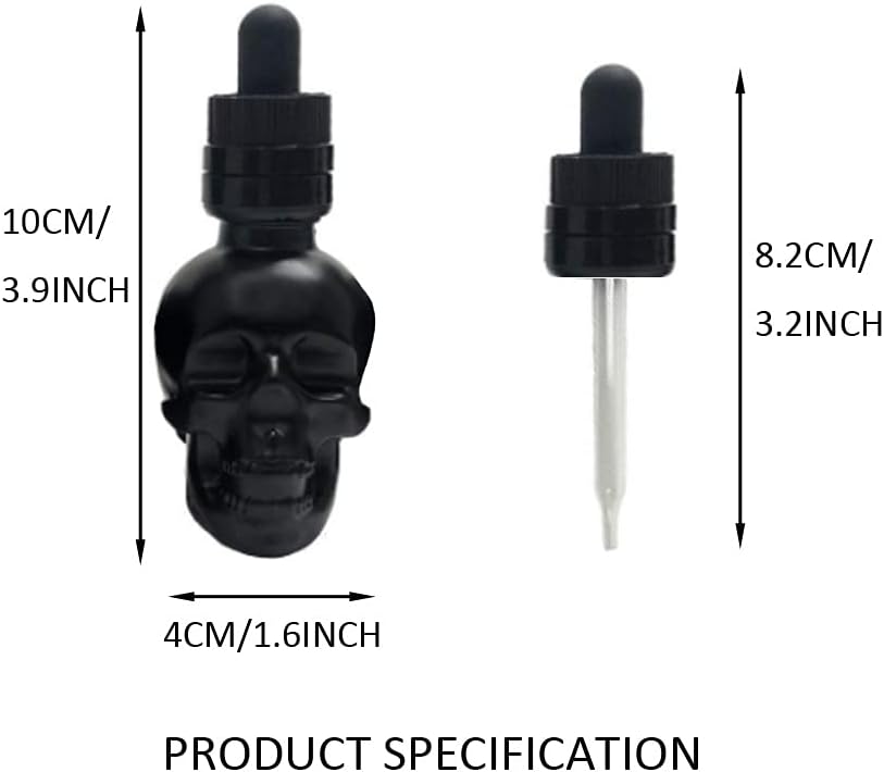 Sunday 7 4 Pack Skull Head Glass Bottle Dispensing Dropper with Child-Proof Cap Refillable for DIY Liquids | Juice | Perfume | Essential Oil Etc.(1OZ/30ml) (Black)