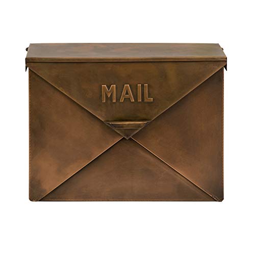 Benjara Bm15926 Spacious Envelope Shaped Wall Mount Iron Mail Box, Copper Finish