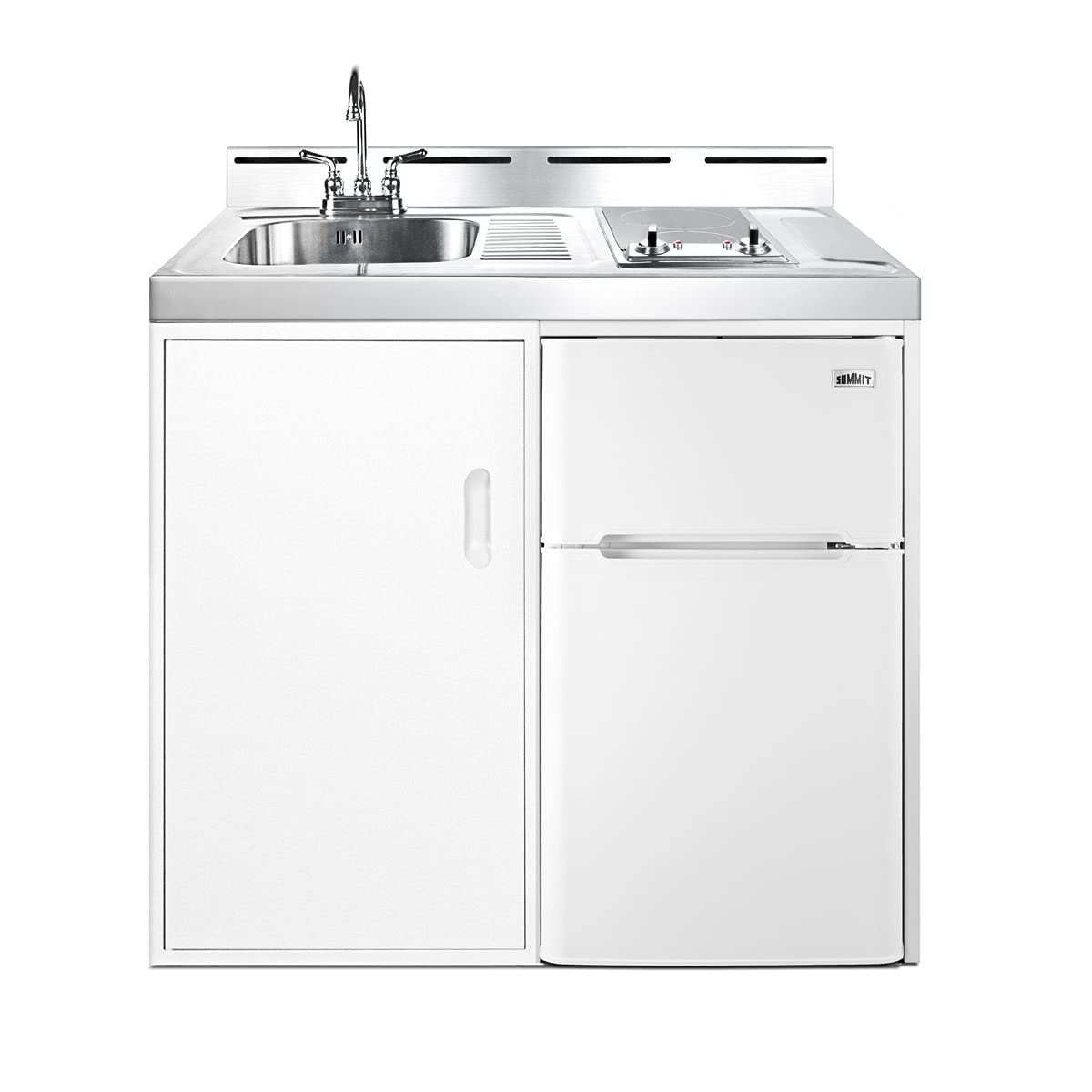 Summit C39Elglass 39 All-In-One Kitchenette With 2 Element Smooth-Top Cooktop Refrigerator-Freezer Stainless Steel Sink And Stor
