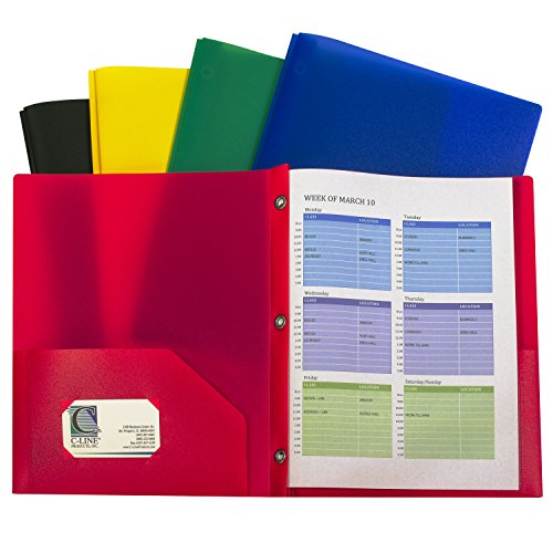 C-Line Two-Pocket Heavyweight Poly Portfolio With Prongs, For Letter Size Papers, Includes Business Card Slot, Assorted Colors, 