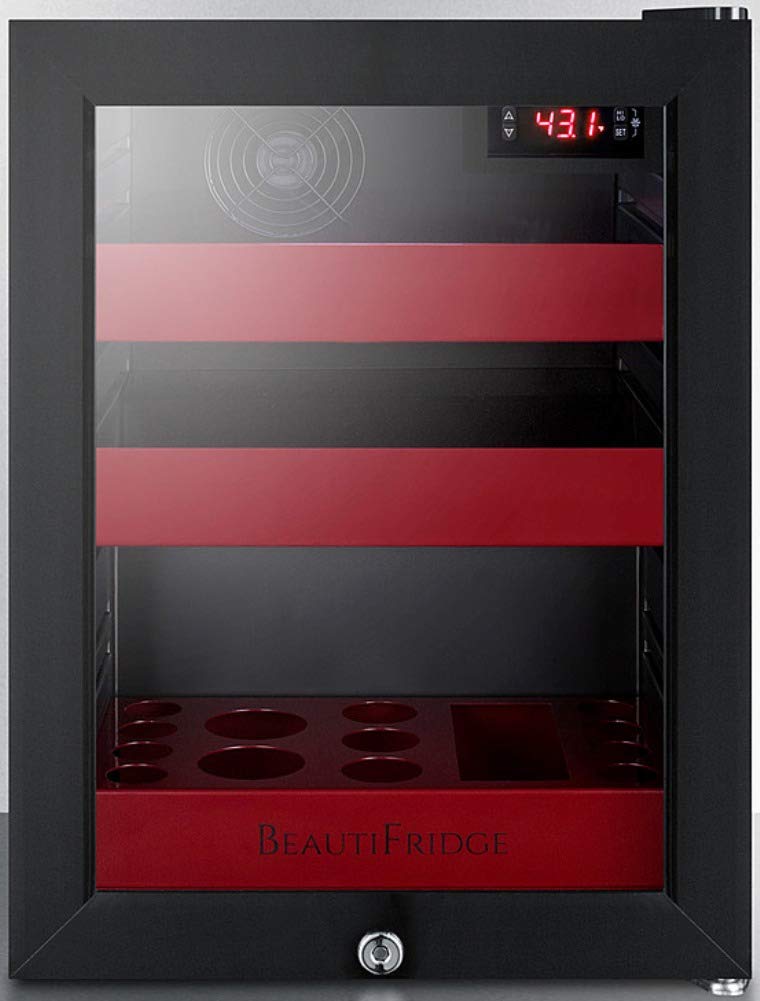 Summit Appliance Lx114Lr Beautifridge Compact Cosmetics Cooler With Glass Door, Black Cabinet, Lock, Glossy Ruby-Colored Shelves