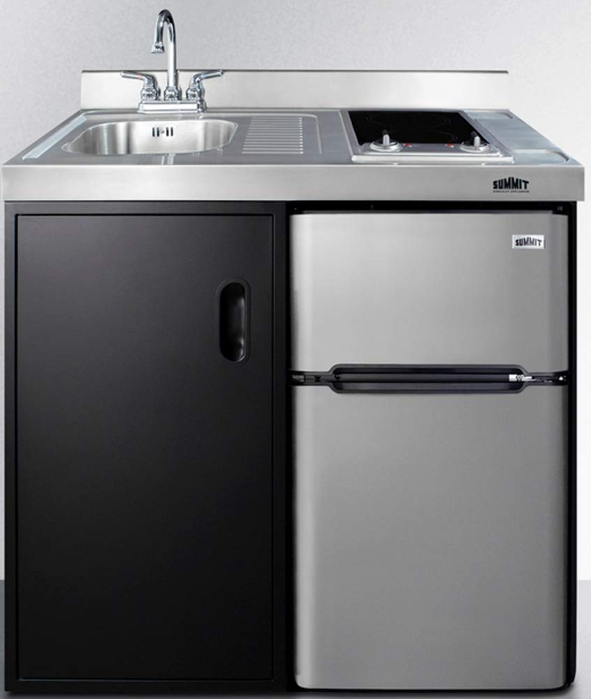 Summit Appliance C39Elglassbk 39 Wide All-In-One Kitchenette In Black With A 2-Burner 115V Smooth-Top Cooktop, 2-Door Refrigerat