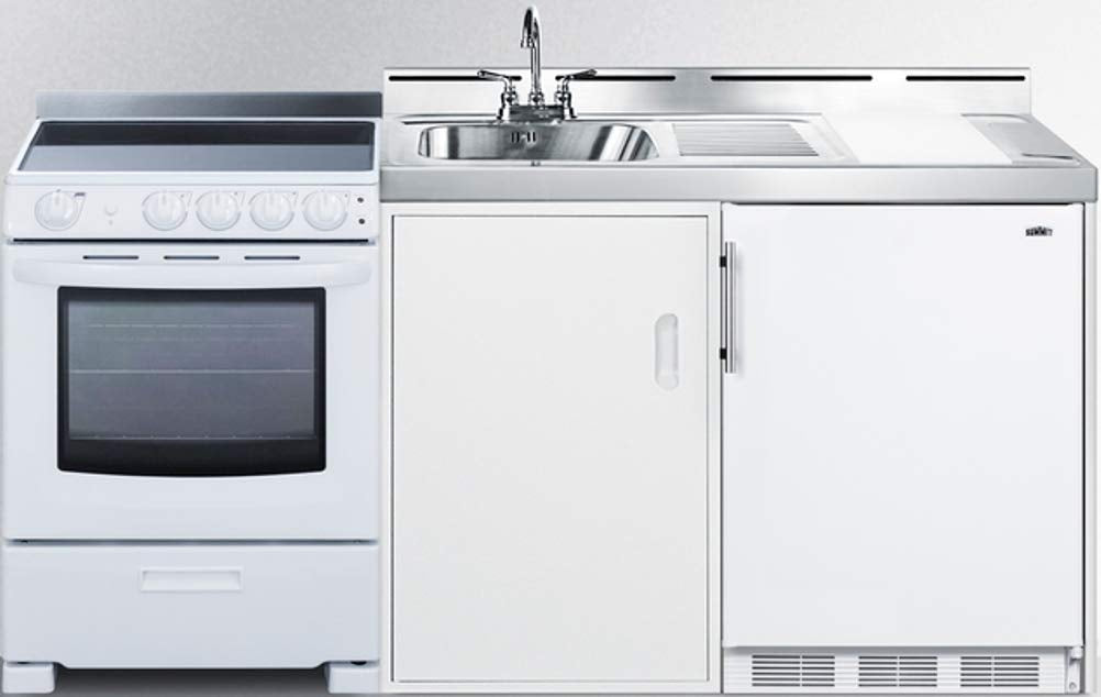 Summit Appliance Ack72Elstw 72'' Wide All-In-One Kitchenette With Electric Range, Refrigerator-Freezer Included, Cutlery Bin, St