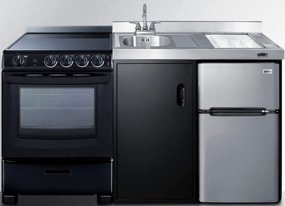 Summit Appliance Ack63Elstb 64 Wide All-In-One Kitchenette With 4-Burner 220V Smooth-Top Electric Range, Refrigerator-Freezer Si