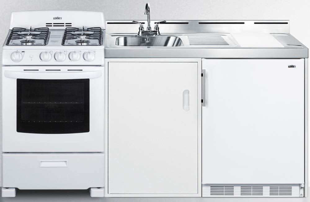 Summit Appliance Ack72Gasw 72'' Wide All-In-One Kitchenette With 115V 4-Burner Gas Range, Refrigerator-Freezer, Sink, Cutting Bo
