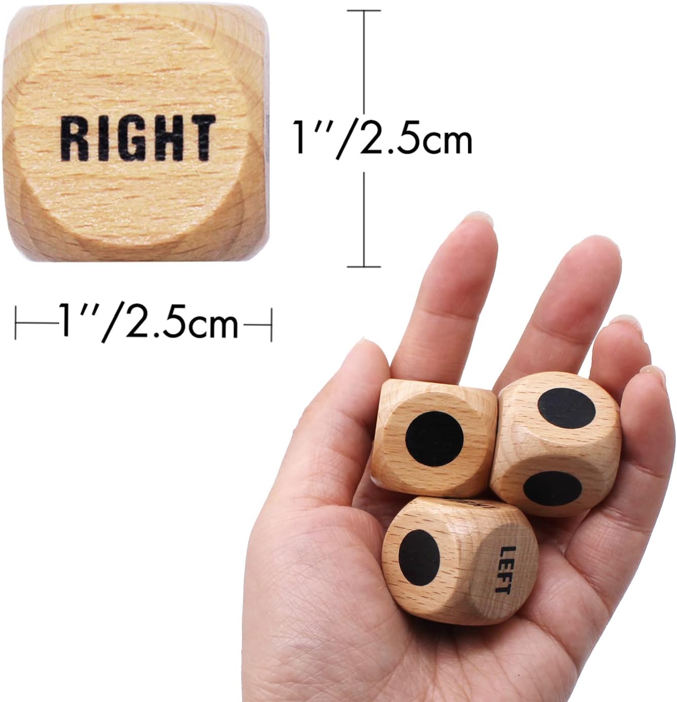 Bilywey 3pcs Left Right Center Game Dice 1 inch Beech Wood Dices with Drawstring Bag (3 pcs)