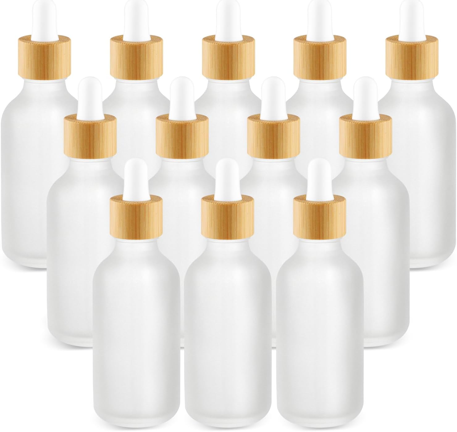 Cositina 12 Pcs Frosted Glass Dropper Bottle Refillable Essential Oil Container Jars with Eye Dropper & Bamboo Lids for Perfume Sample Cosmetic Liquid Travel - 60ml/2oz