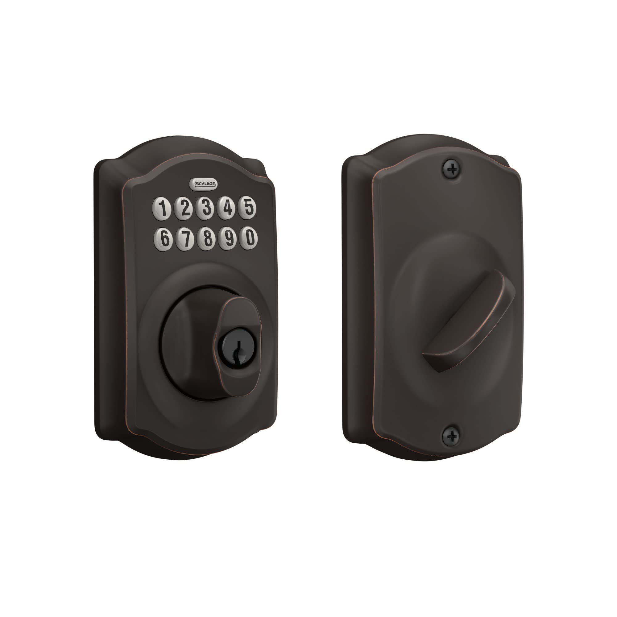 Schlage Be365 V Cam 716 Camelot Keypad Deadbolt, Electronic Keyless Entry Lock, Aged Bronze