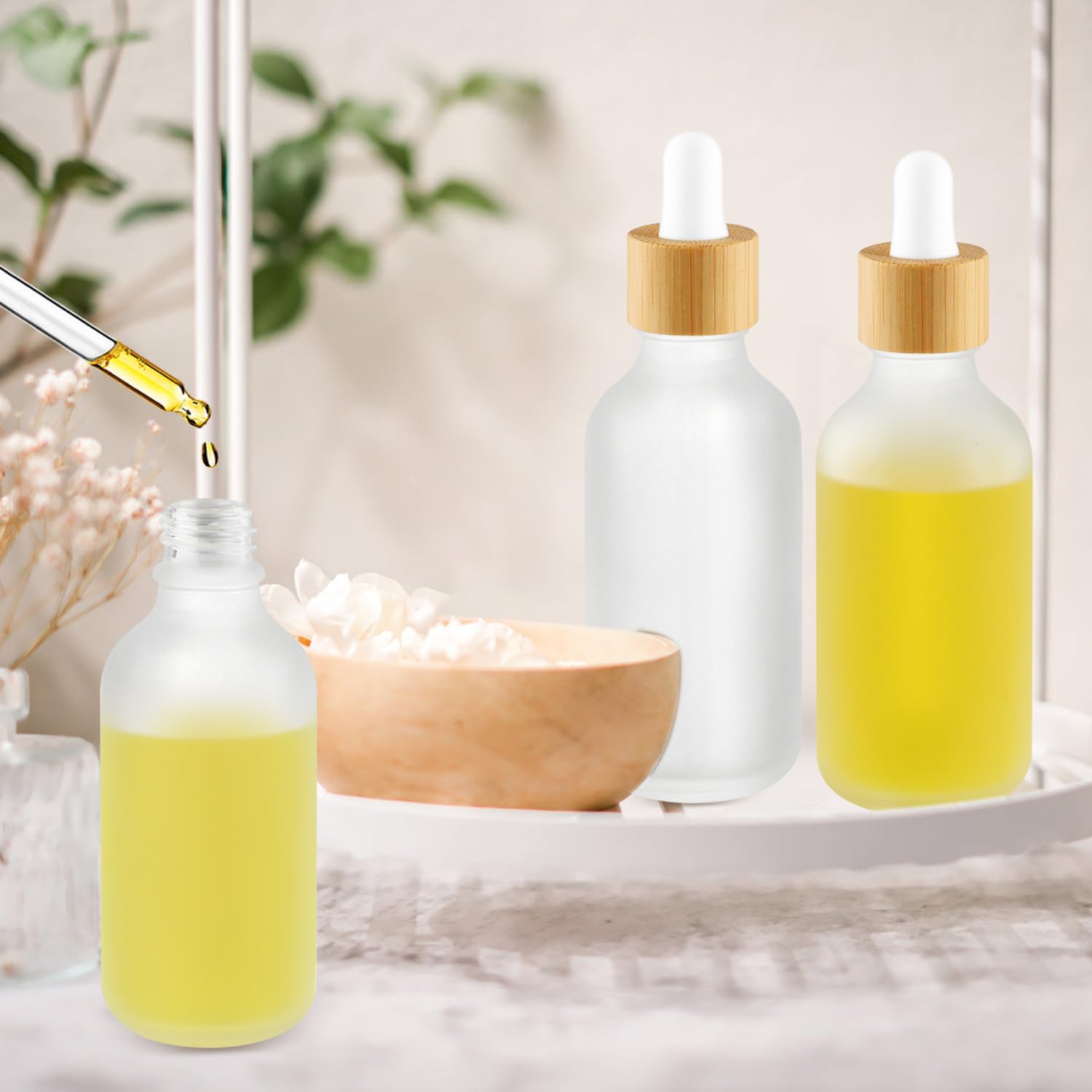 Cositina 12 Pcs Frosted Glass Dropper Bottle Refillable Essential Oil Container Jars with Eye Dropper & Bamboo Lids for Perfume Sample Cosmetic Liquid Travel - 60ml/2oz