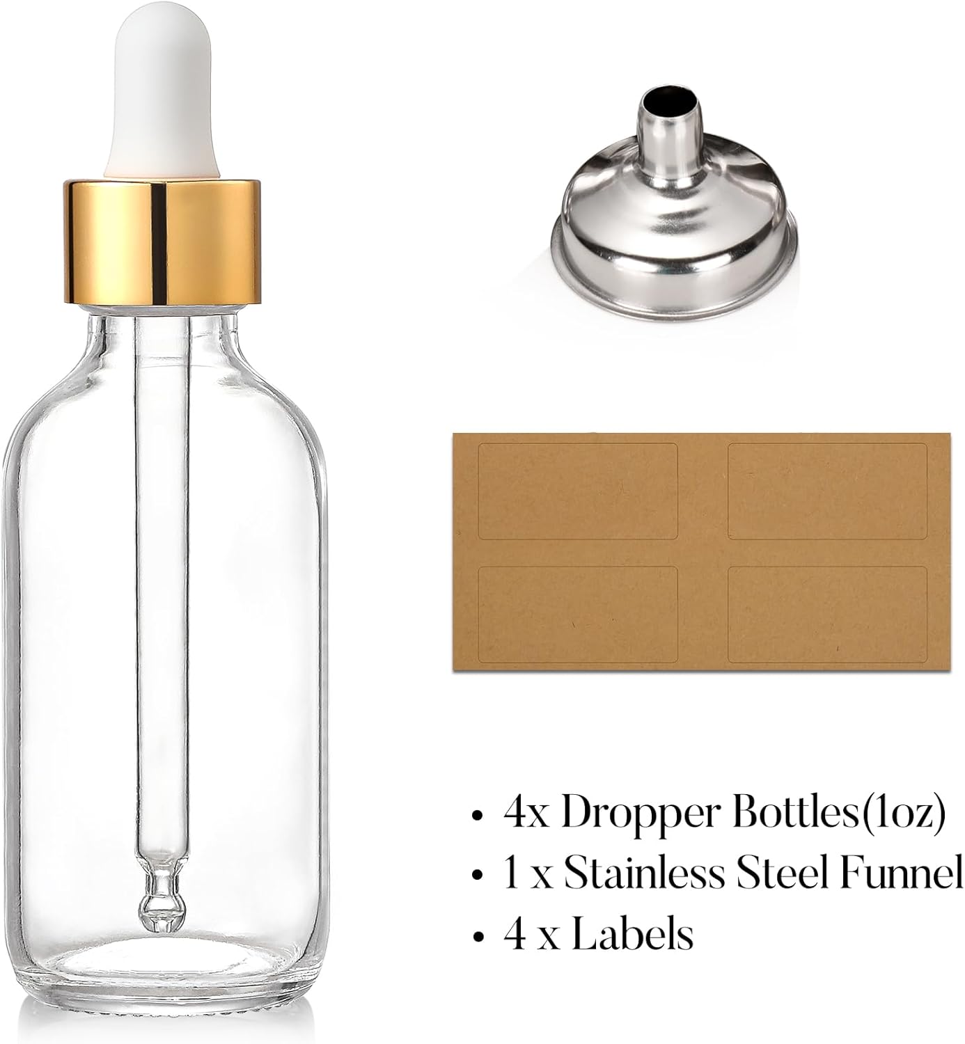 Aozita 4 Pc, 1 oz Golden Cap Clear Dropper Bottles (30ml) with 1 Funnel & 4 Labels - Glass Tincture Bottles with Eye Droppers - Leakproof Essential Oil Bottles for Health, Personal Care & Beauty