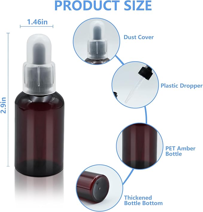 AskBed 4 Pack 2 Oz (50ml) Amber Plastic Essential Dropper Bottles with Funnel, Labels for Liquid Storage