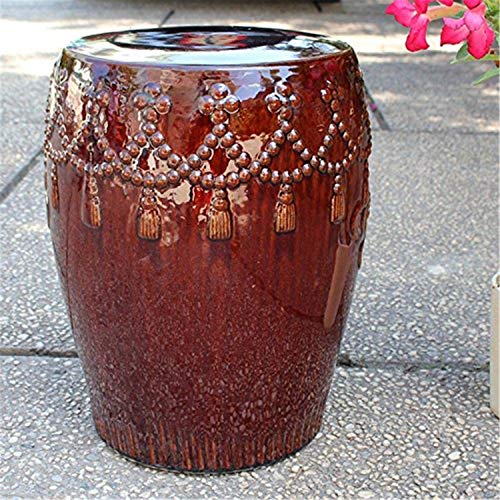 International Caravan Furniture Piece Brown Glazed Tasseled Drum Creamic Garden Stool