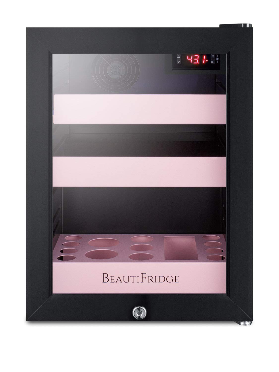 Summit Appliance Lx114Lp Beautifridge Compact Cosmetics Cooler, Black Finish With Pink Adjustable Shelves, Digital Thermostat, A