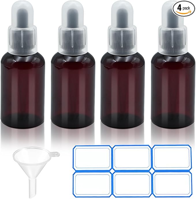 AskBed 4 Pack 2 Oz (50ml) Amber Plastic Essential Dropper Bottles with Funnel, Labels for Liquid Storage