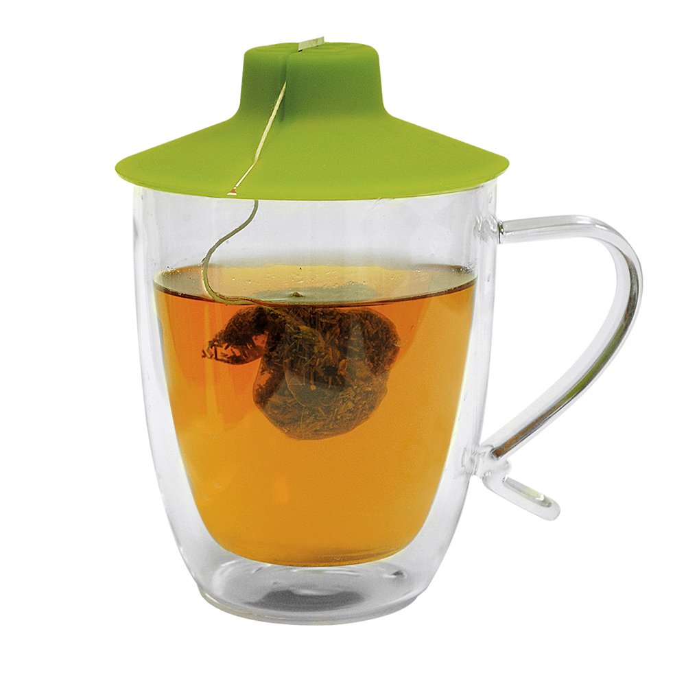 Primula Double Wall Glass Mug And Tea Bag Buddy - Temperature Safe 16 Oz Clear Glass Mug - 100% Food Grade Green Silicone Tea Ba