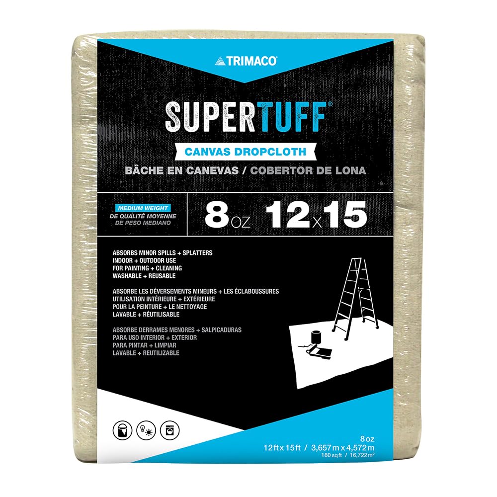 Trimaco 58903 Supertuff 8 Oz Premium Contractor Grade Heavyweight Canvas Drop Cloth, 12-Feet X 15-Feet, Natural