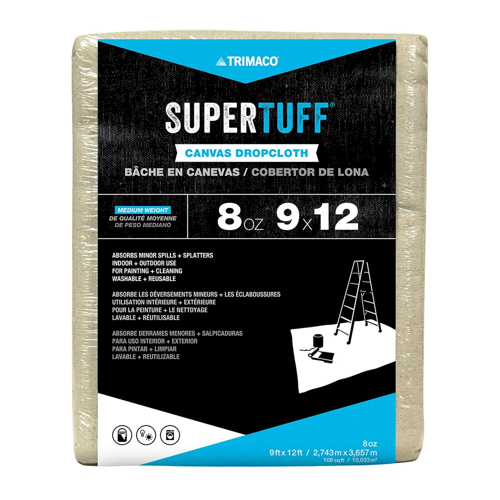 Trimaco 58901 Supertuff 8 Oz Premium Contractor Grade Heavyweight Canvas Drop Cloth, 9-Feet X 12-Feet