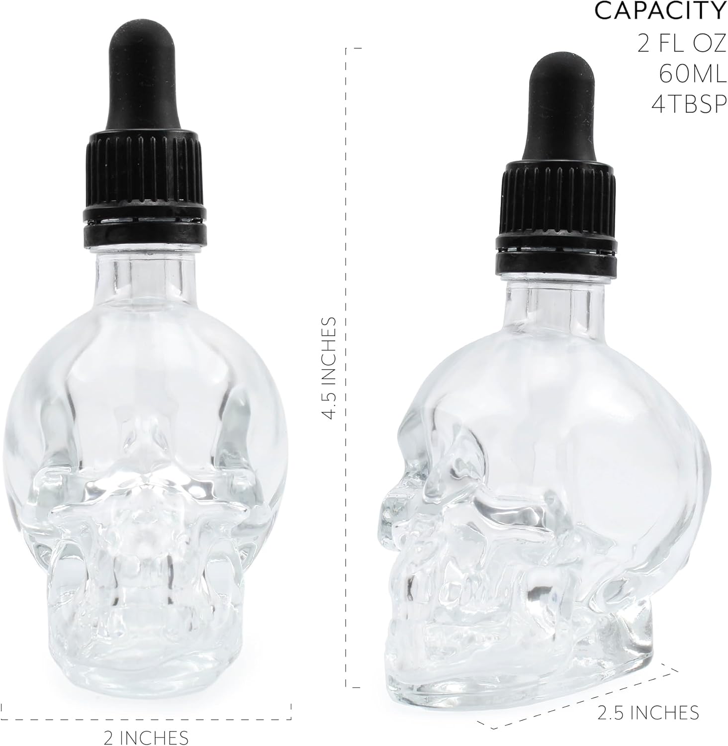 Cornucopia Skull Glass Dropper Bottles (2-Pack, 2oz, Clear); Bitter Flavor Tattoo and Beard Oil Dispenser