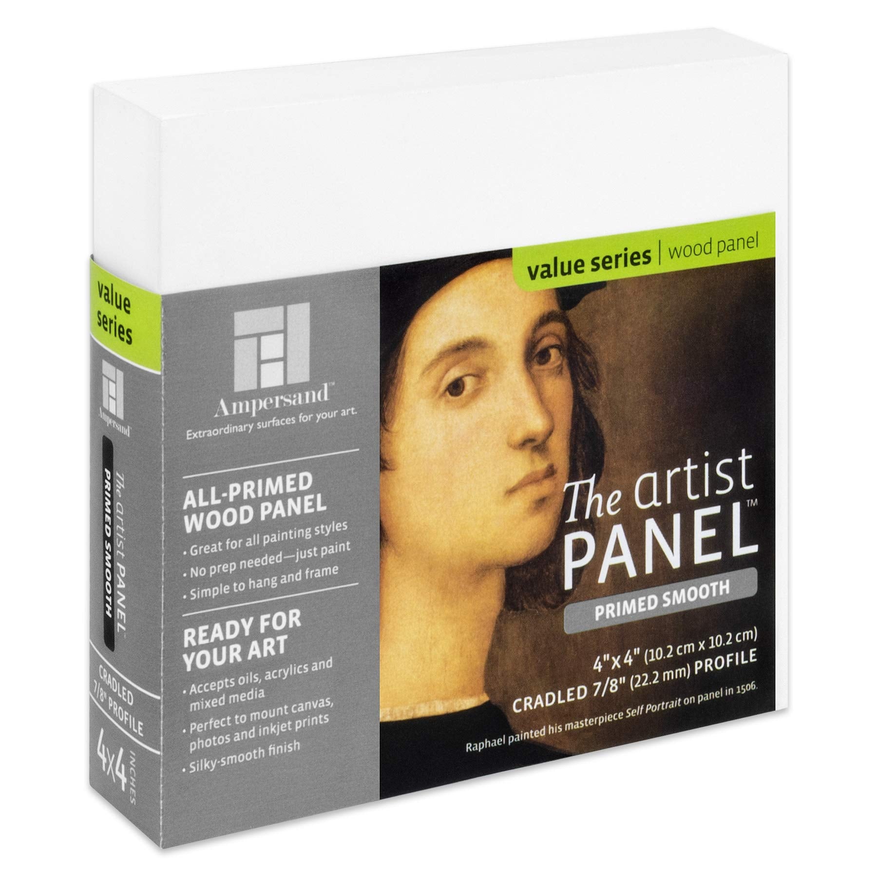 Ampersand Art Supply Wood Gesso Artist Painting Panel: Primed Smooth, 4'' X 4'', 7/8'' Cradled Profile