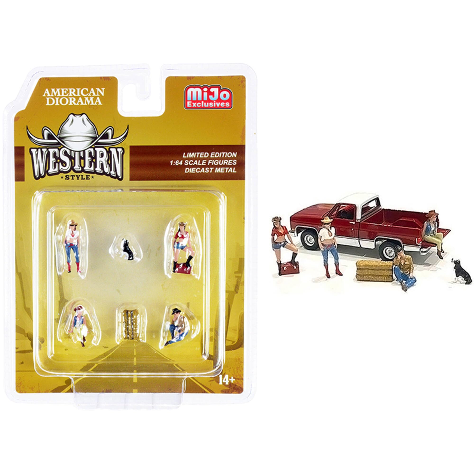 Western Style 6 Piece Diecast Set (4 Figurines And 2 Accessories) For 1/64 Scale Models By American Diorama 76485