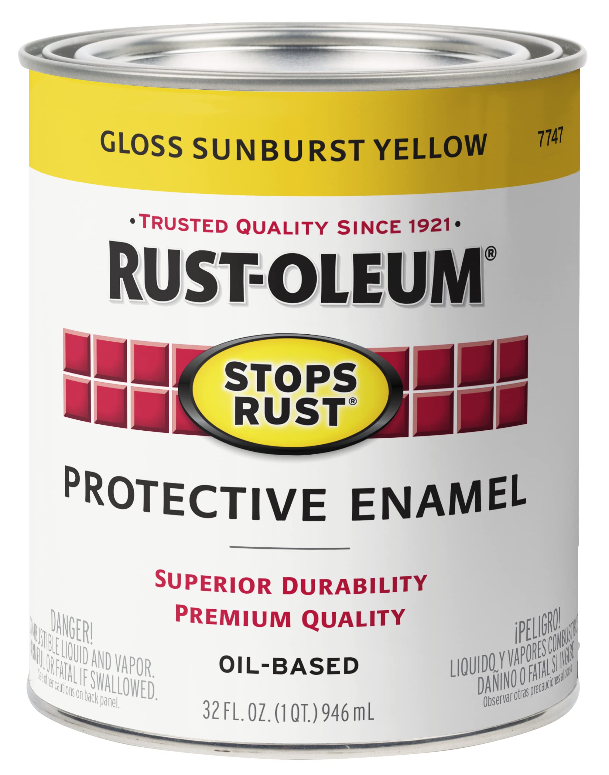 Rust-Oleum Enamel 7747502 Stops Rust Brush On Paint, Quart, Gloss Sunburst Yellow, 1 Quarts (Pack Of 1)