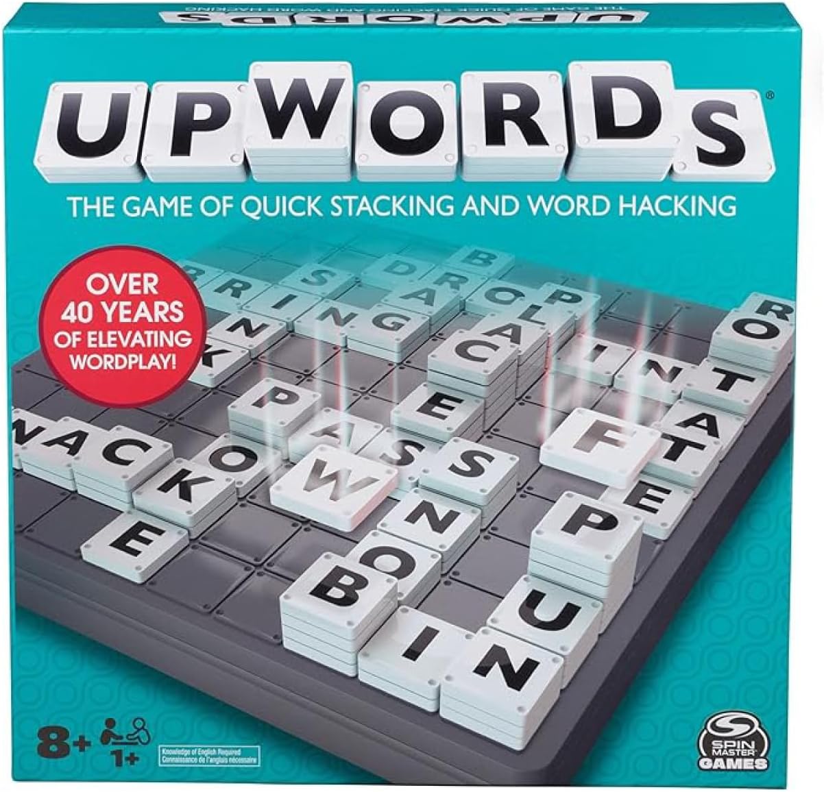 Spin Master Games, Upwords, Classic Word Game with Stackable Letter Tiles, Family Board Game, Crossword Activity, 1-4 Players, for Ages 8 & Up