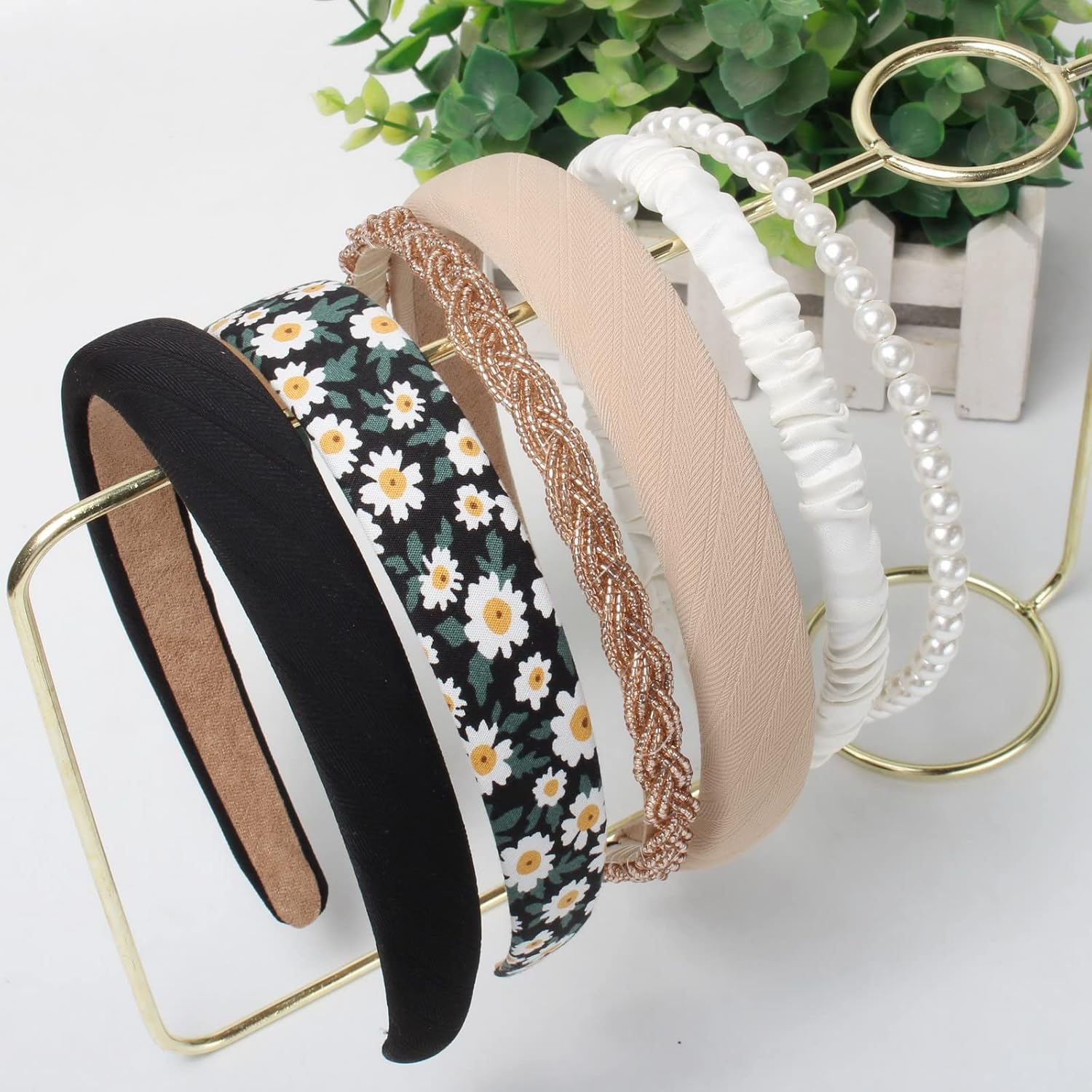 Cuizhiyu 6PK Different Designs Headbands for Women Non Slip Flower Black White Solid Headband Set Cute Pearl Hair Band for Girls Twisted Hairband