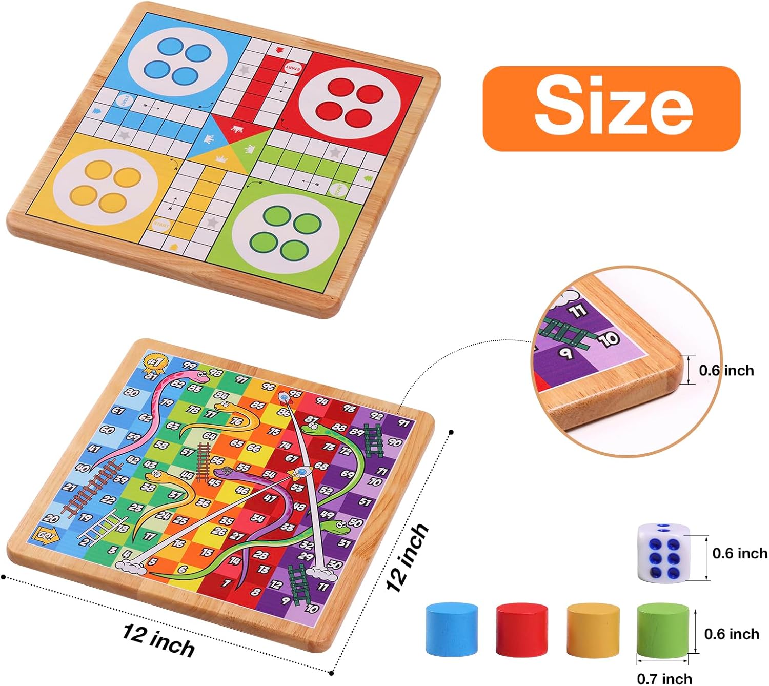 Crobyi 12 Inch Ludo & Snakes & Ladders 2-in-1 Classic Board Game for Adults & Kids, Includes 1 Board, 2 Dice, 16 Pieces, Rules & Carrying Bag