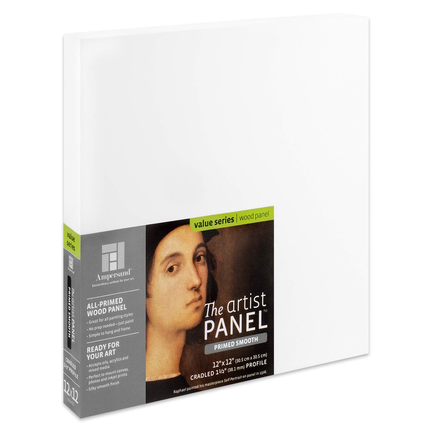 Ampersand Art Supply Wood Gesso Artist Painting Panel: Primed Smooth, 12'' X 12'', 1-1/2'' Cradled Profile