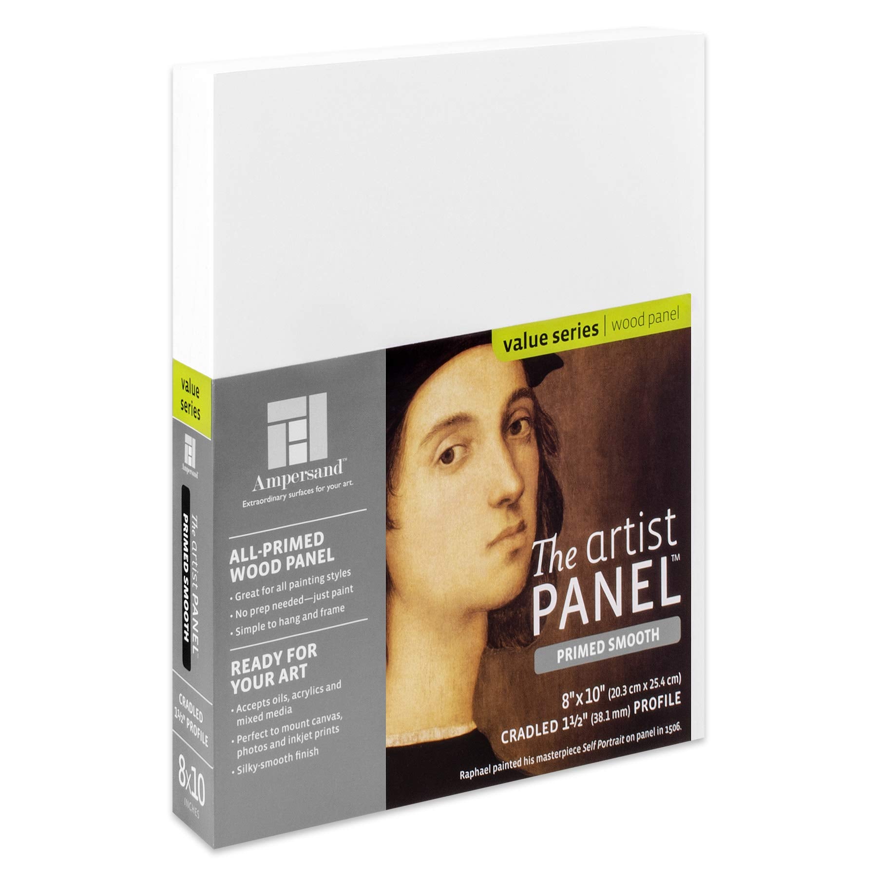 Ampersand Art Supply Wood Gesso Artist Painting Panel: Primed Smooth, 8'' X 10'', 1-1/2'' Cradled Profile