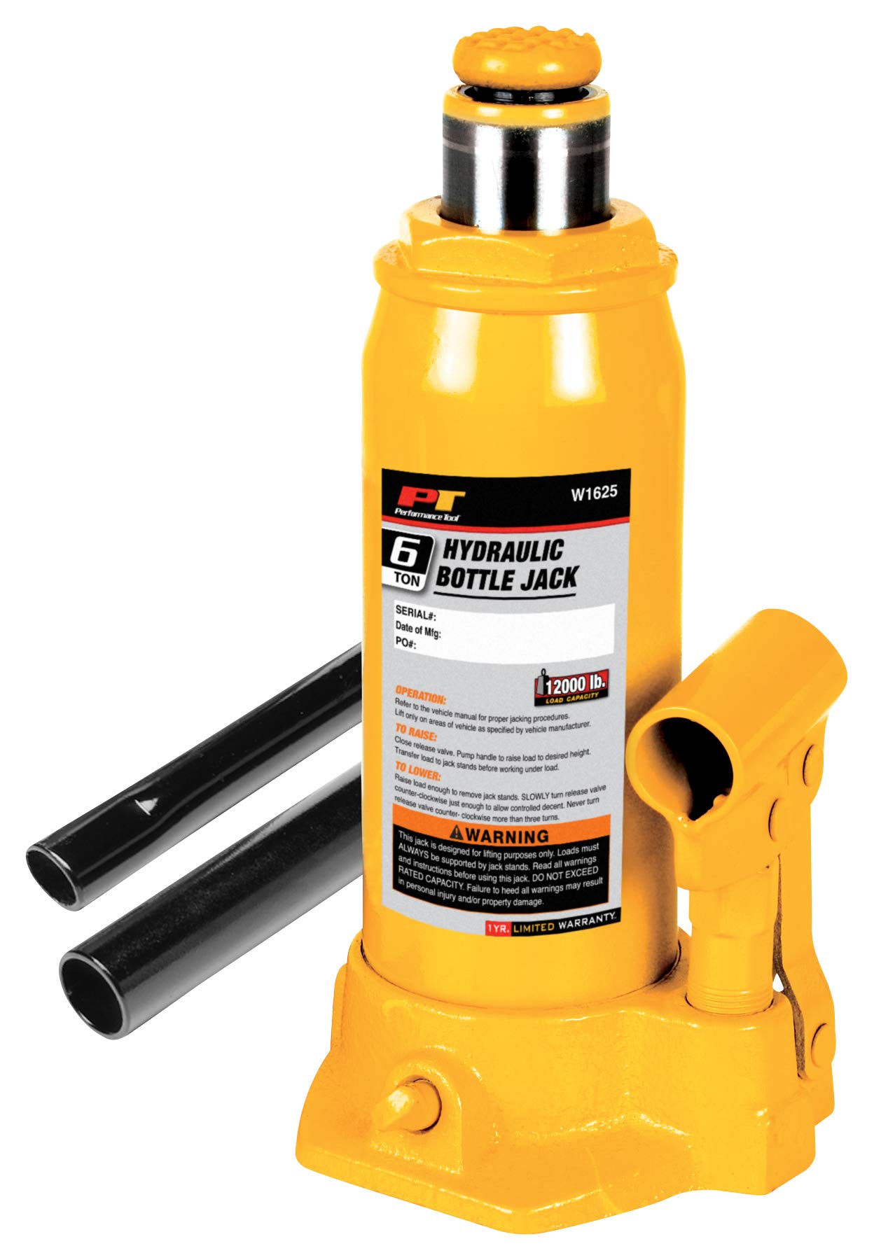 Performance Tool W1625 6-Ton (12,000 Lbs.) Heavy Duty Hydraulic Bottle Jack,Yellow