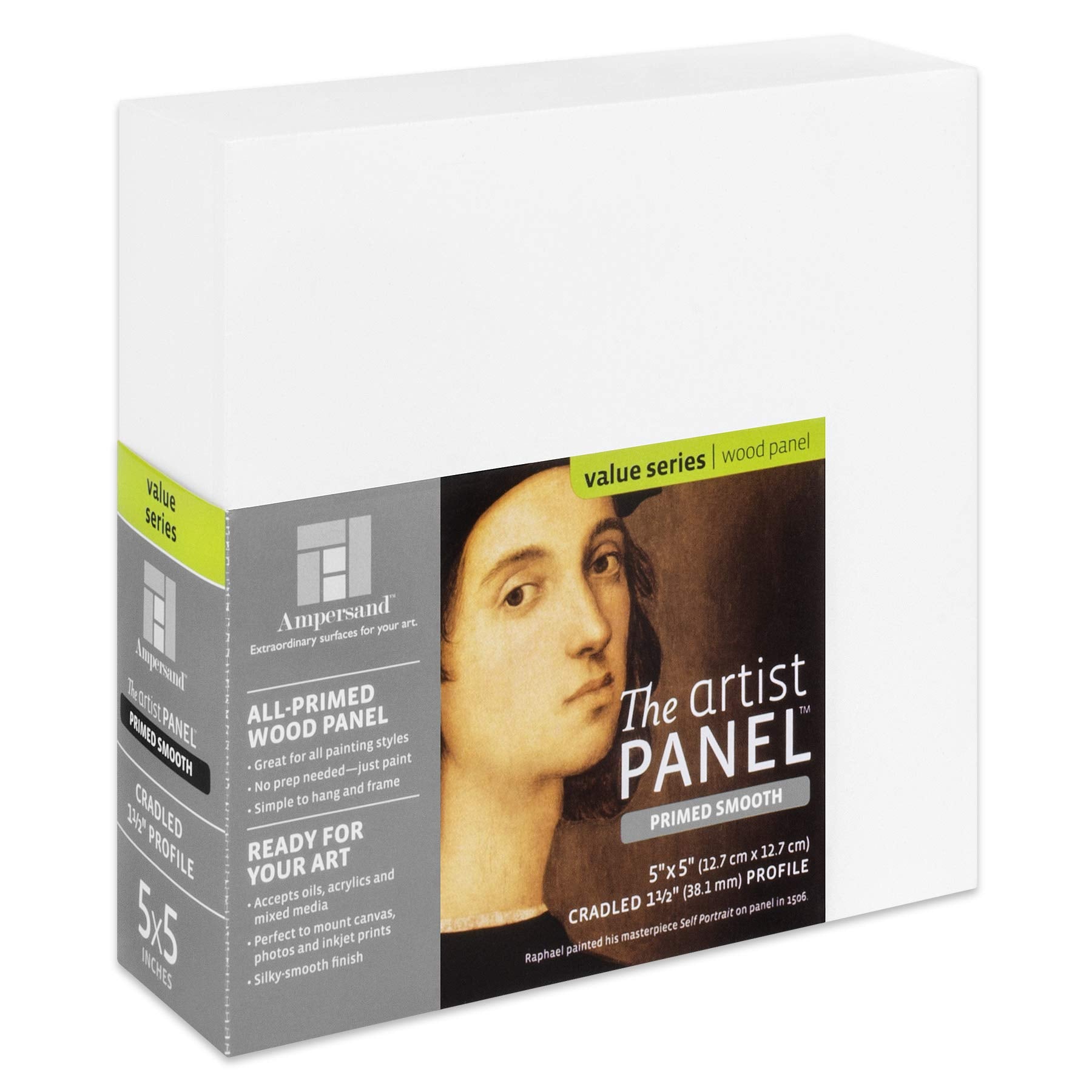 Ampersand Art Supply Wood Gesso Artist Painting Panel: Primed Smooth, 5'' X 5'', 1-1/2'' Cradled Profile