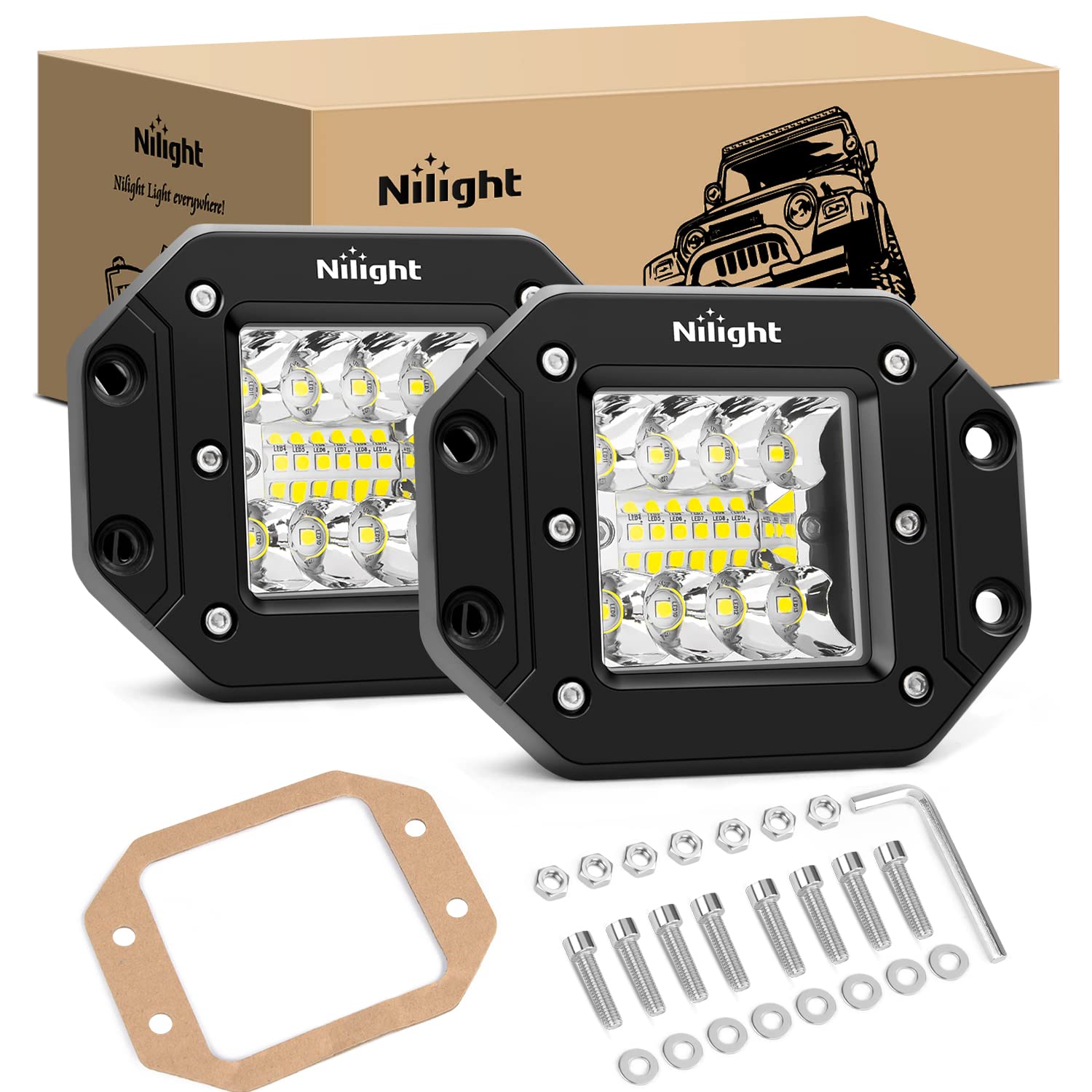 Nilight 2Pcs 42W Flush Mount Led Light Pods Upgraded Spot Flood Combo Driving Light Led Work Light Backup Reverse Light Grill Mo