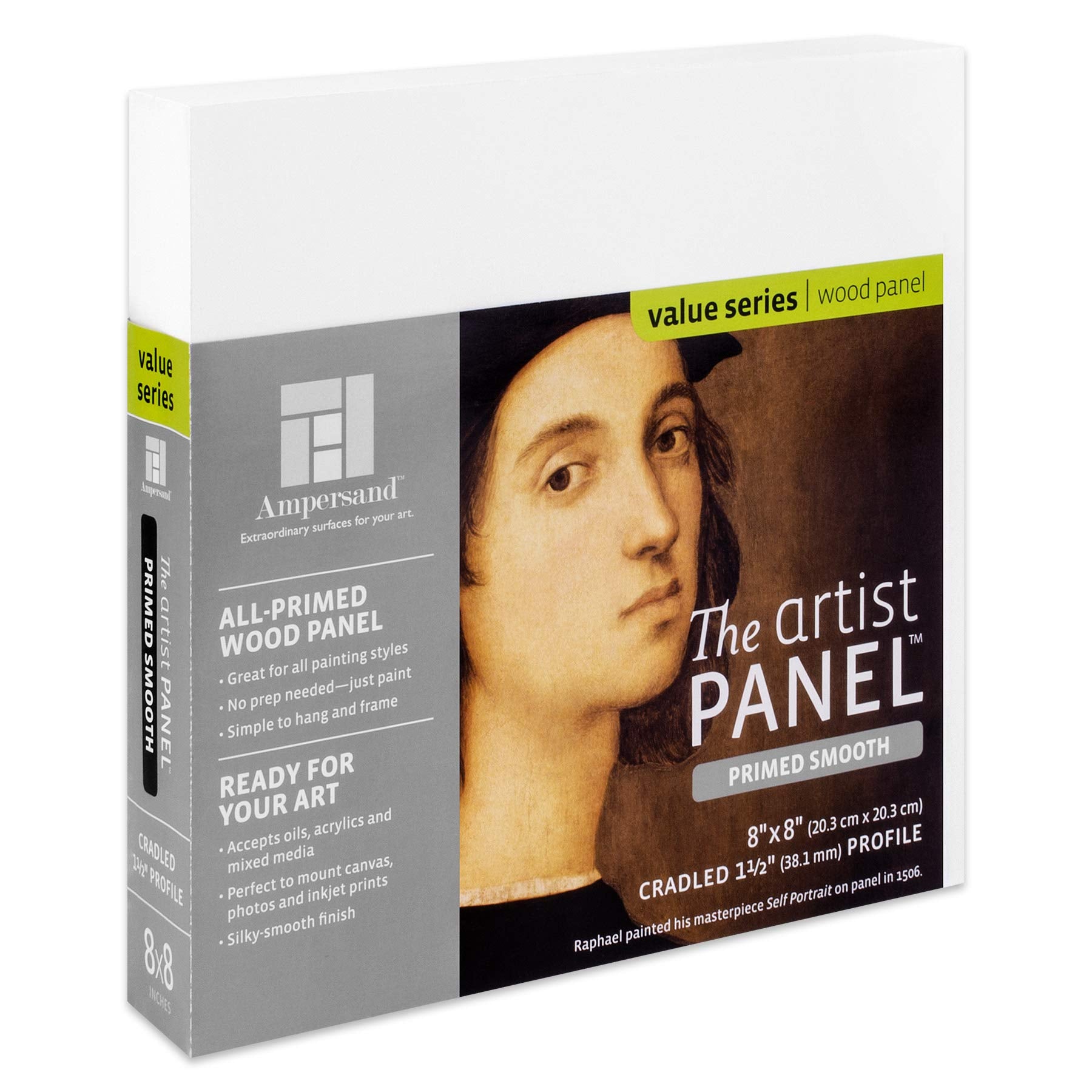 Ampersand Art Supply Wood Gesso Artist Painting Panel: Primed Smooth, 8'' X 8'', 1-1/2'' Cradled Profile