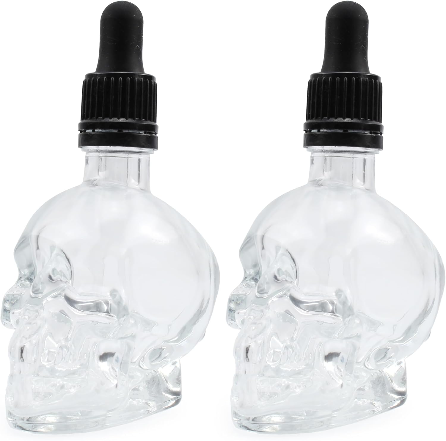 Cornucopia Skull Glass Dropper Bottles (2-Pack, 2oz, Clear); Bitter Flavor Tattoo and Beard Oil Dispenser