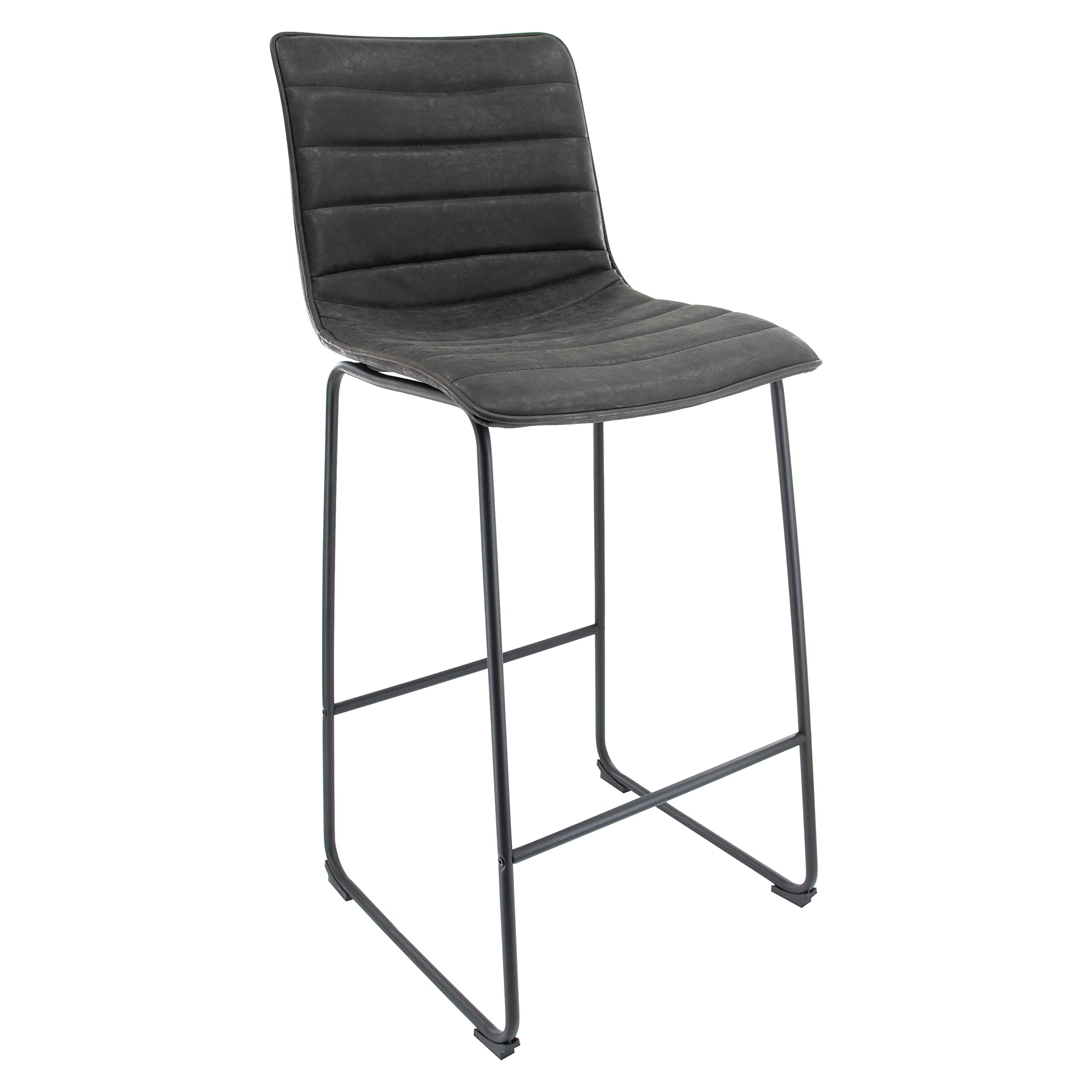 Leisuremod Brooklyn 29.9 Modern Leather Bar Stool Kitchen Island Stools With Black Iron Base & Footrest (Charcoal Black)