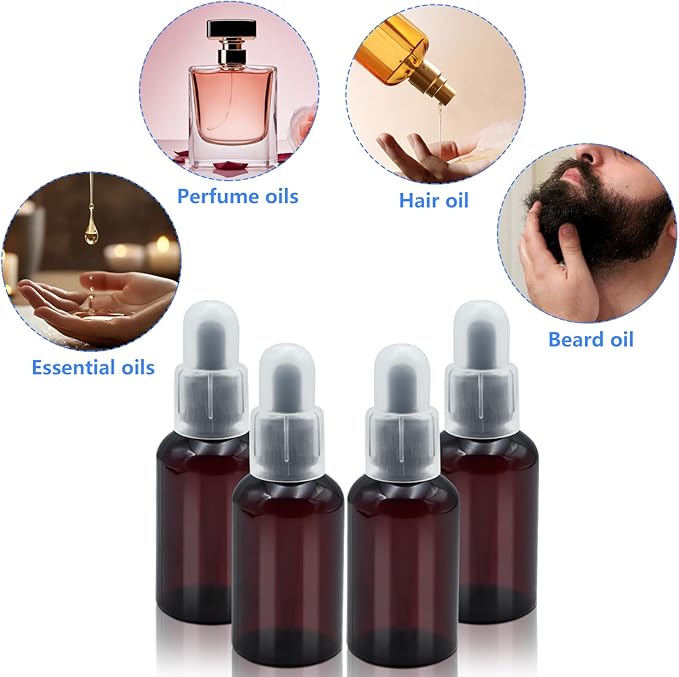 AskBed 4 Pack 2 Oz (50ml) Amber Plastic Essential Dropper Bottles with Funnel, Labels for Liquid Storage