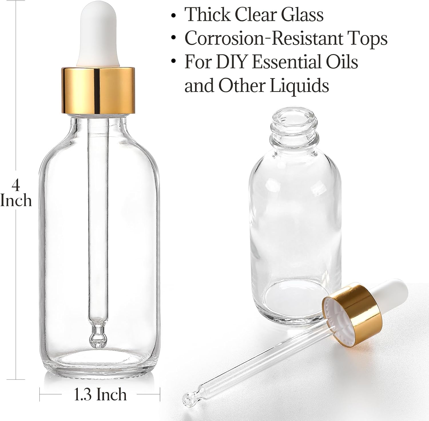 Aozita 4 Pc, 1 oz Golden Cap Clear Dropper Bottles (30ml) with 1 Funnel & 4 Labels - Glass Tincture Bottles with Eye Droppers - Leakproof Essential Oil Bottles for Health, Personal Care & Beauty