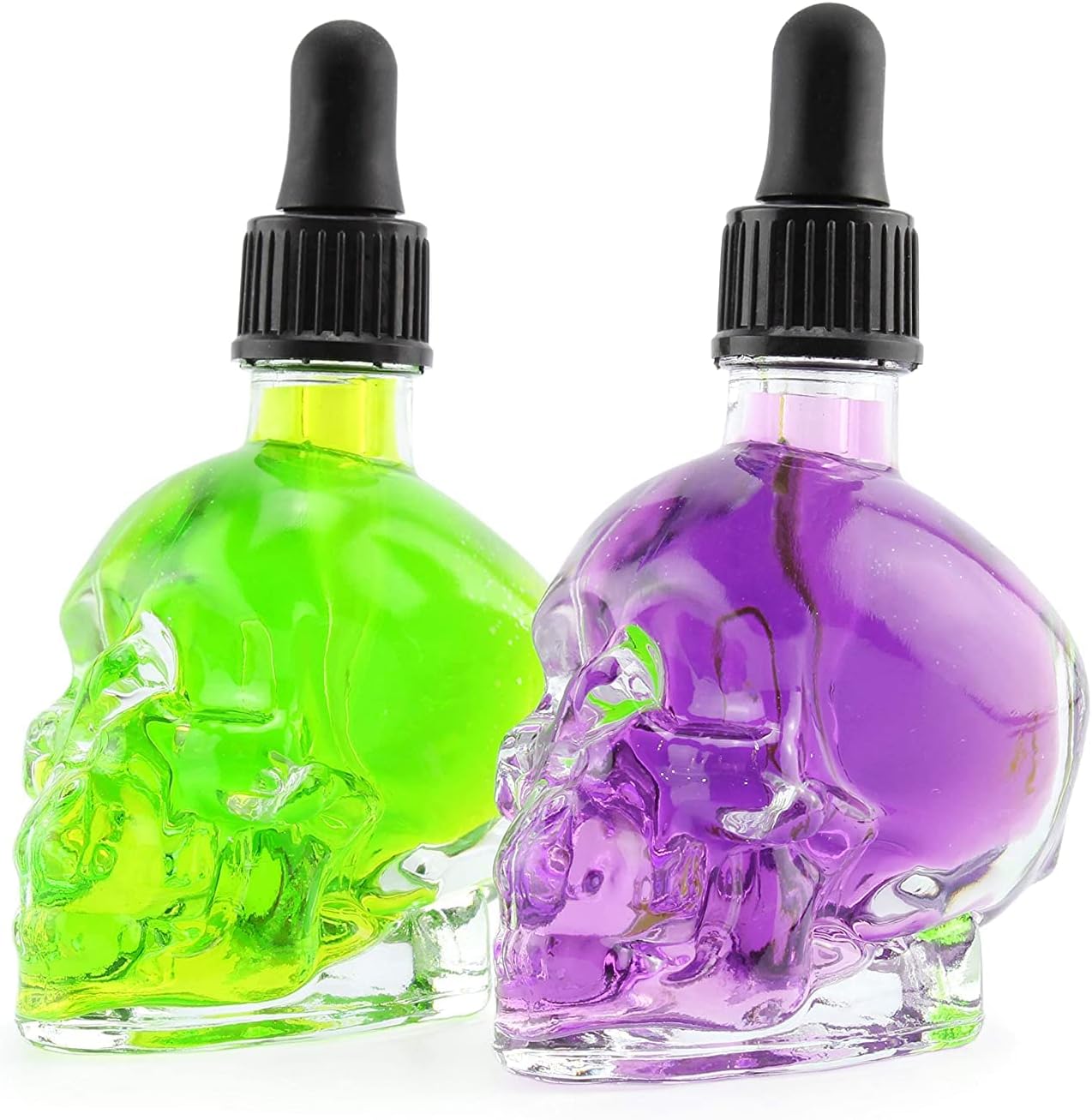 Cornucopia Skull Glass Dropper Bottles (2-Pack, 2oz, Clear); Bitter Flavor Tattoo and Beard Oil Dispenser