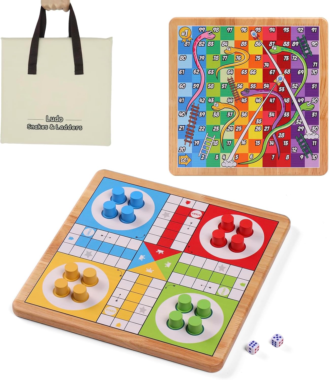 Crobyi 12 Inch Ludo & Snakes & Ladders 2-in-1 Classic Board Game for Adults & Kids, Includes 1 Board, 2 Dice, 16 Pieces, Rules & Carrying Bag