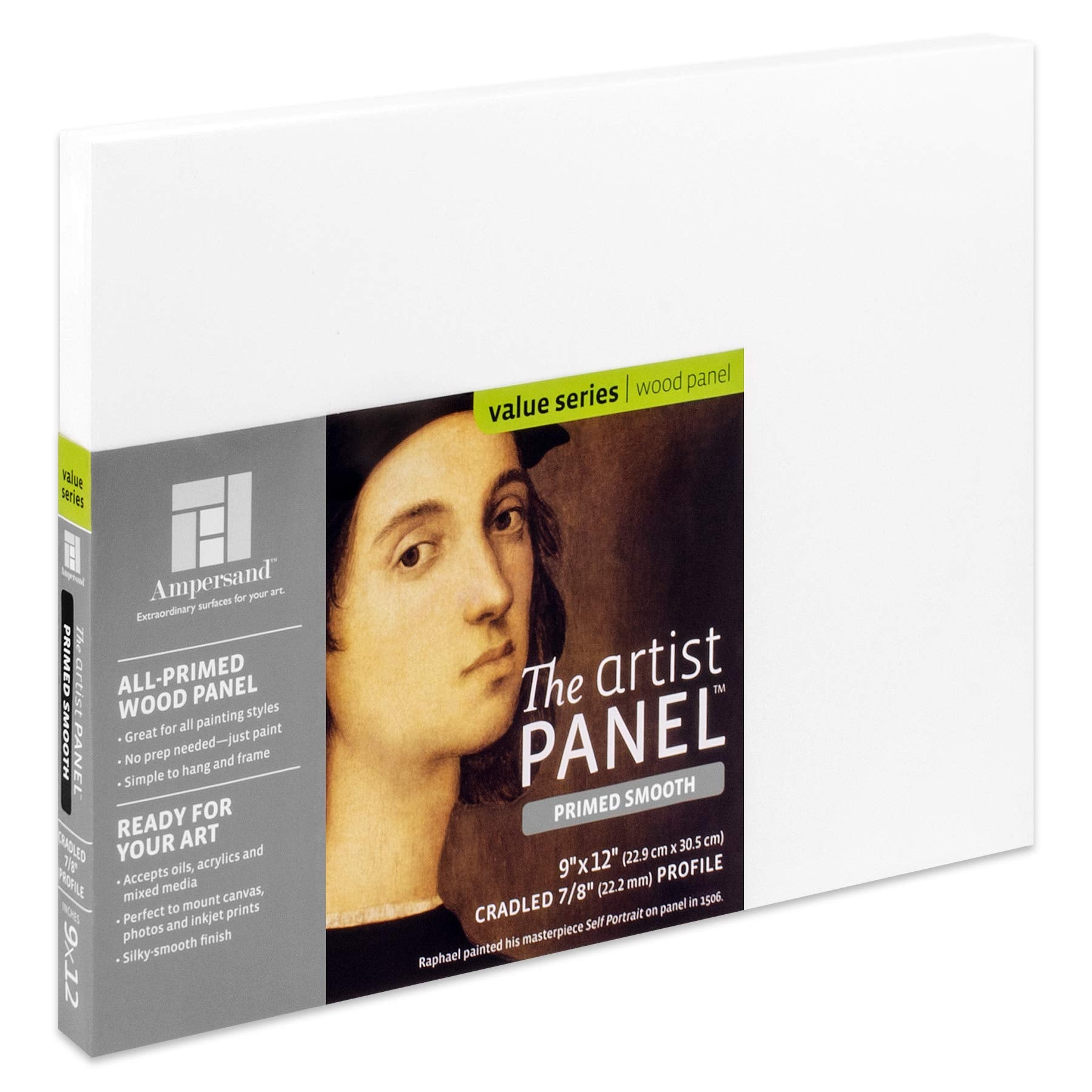 Ampersand Art Supply Wood Gesso Artist Painting Panel: Primed Smooth, 9'' X 12'', 7/8'' Cradled Profile