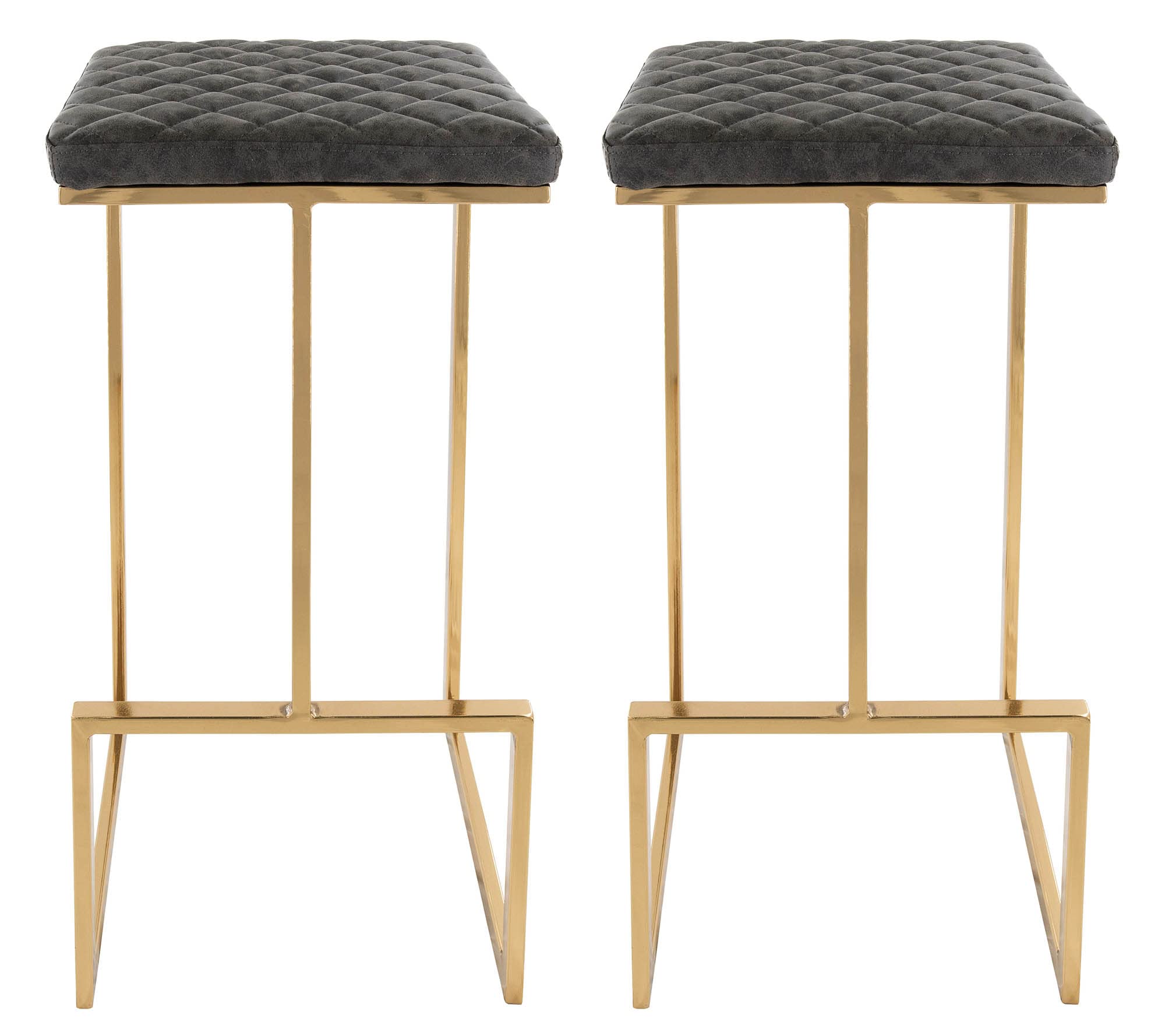 Leisuremod Quincy Quilted Stitched Leather Kitchen Counter Bar Stools With Gold Metal Frame Set Of 2 (Grey)